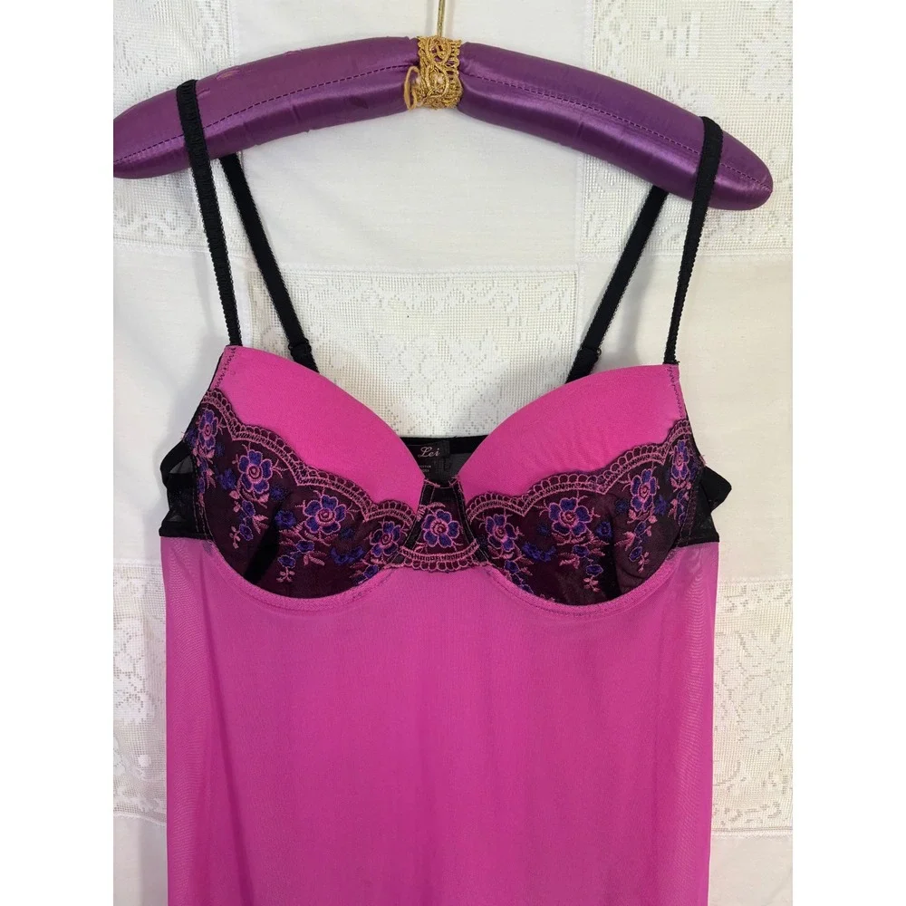 Y2K Pink+Black+Purple‎ Floral Embroidered Coquette Sheer Mesh Chemise Size XL